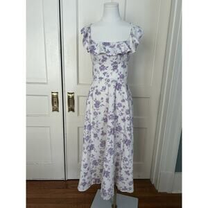 Premier Amour Linen Blend Floral Midi Dress Womens Size 10 Purple White Romantic